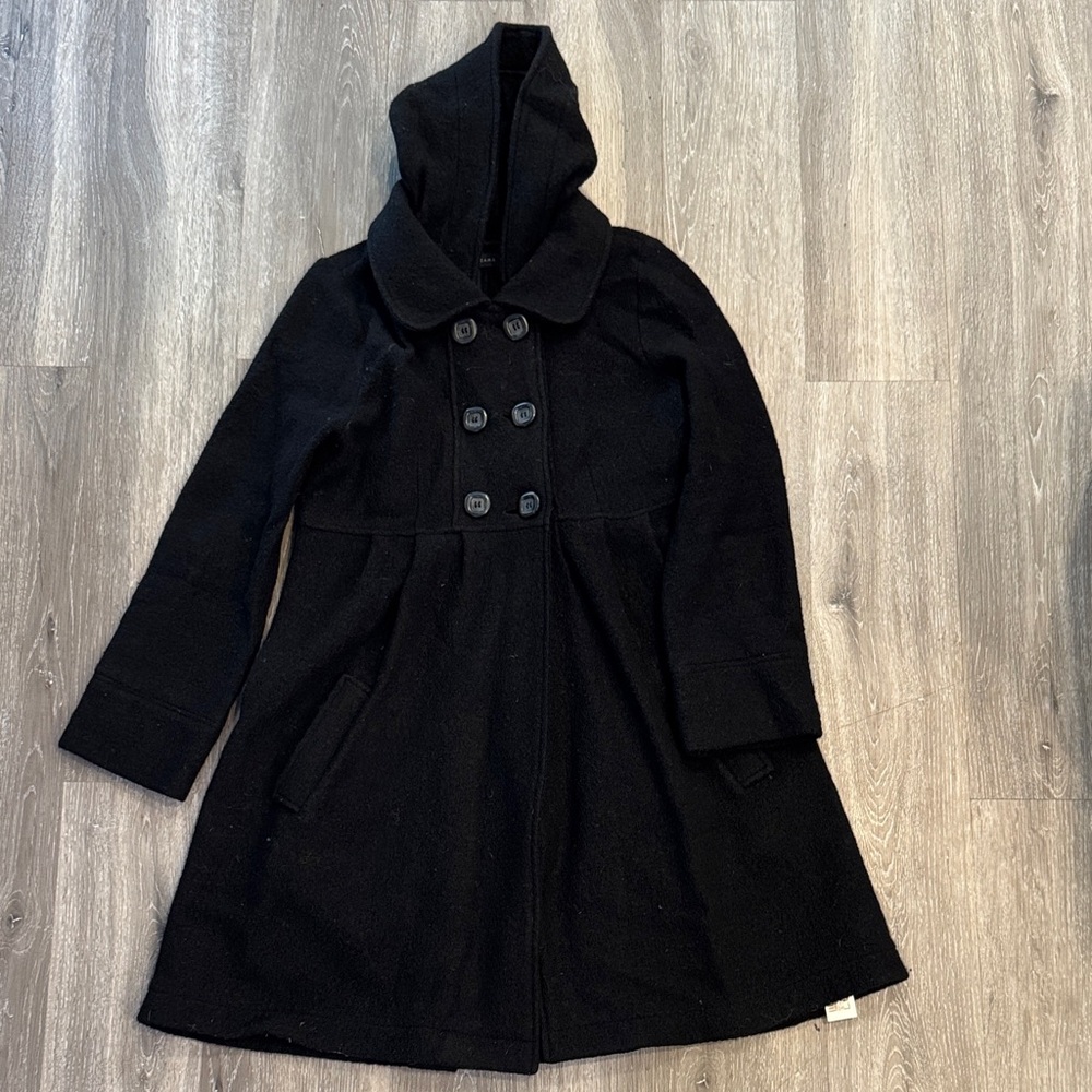 Zara 100% Wool Black Hooded Coat